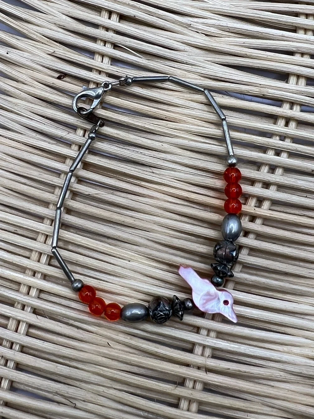 Vintage Southwestern Liquid Silver Pink Mother of Pearl Bird Fetish Bracelet